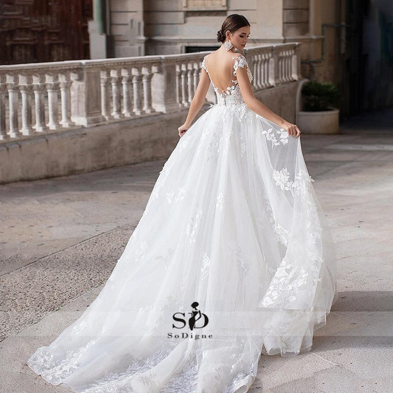 Short Sleeves Detachable Train Mermaid Bridal Dress