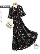 Vintage Black Floral Print Ruffle Chiffon Long Midi Dress