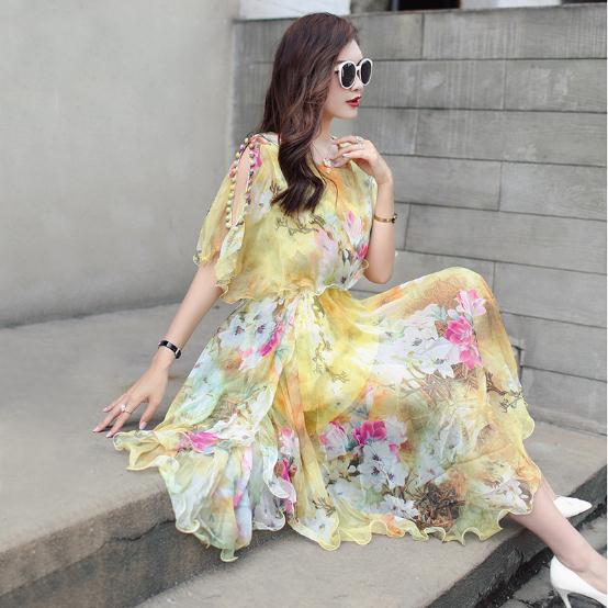 Summer casual large floral chiffon long dress