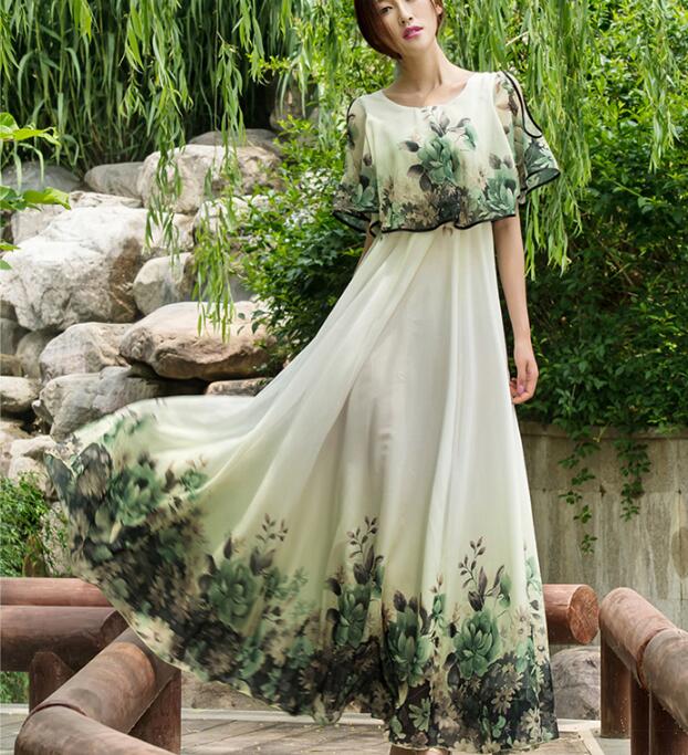 Shoulder Flower Printed Chiffon Long Dress