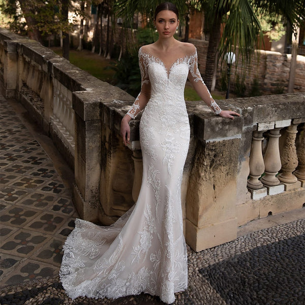 Neck Full Sleeves Appliqued Crystal Lace Bridal Gowns