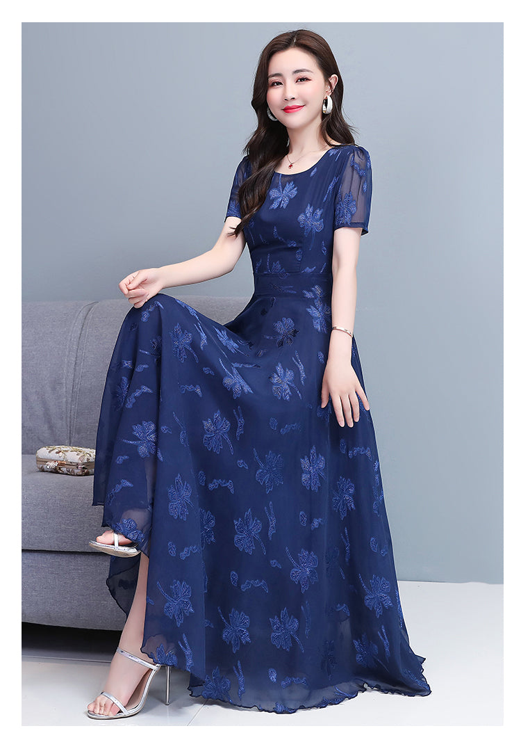 Summer Navy Print Elegant Long Women Dress