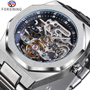 Forsining Casual Automatic Watch 3D Diamond Skeleton Hollow Mens Wristwatches Luminous Military Watches Tourbillon Montre Homme