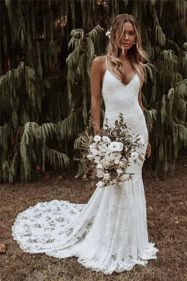 Customized Boho Mermaid Wedding Dresses Spaghetti Straps Lace Backless Beach Sexy V-Neck Bohemian Bridal Gowns Vestidos De Noiva