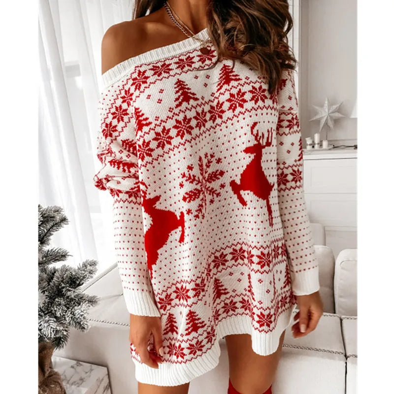 y2k Women Christmas Dress Snowflake Fawn Print Sweater Jacquard Knitted Loose Fit Long Sleeve O-neck Dress Autumn Winter Dresses