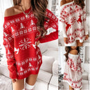 y2k Women Christmas Dress Snowflake Fawn Print Sweater Jacquard Knitted Loose Fit Long Sleeve O-neck Dress Autumn Winter Dresses