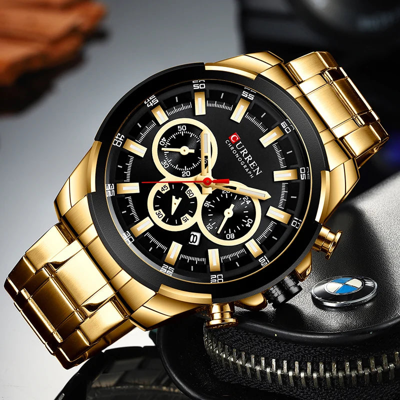 CURREN Men’s Watches Top Brand Big Sport Watch Luxury Men Military Steel Quartz Wrist Watches Chronograph Gold Design Male Clock