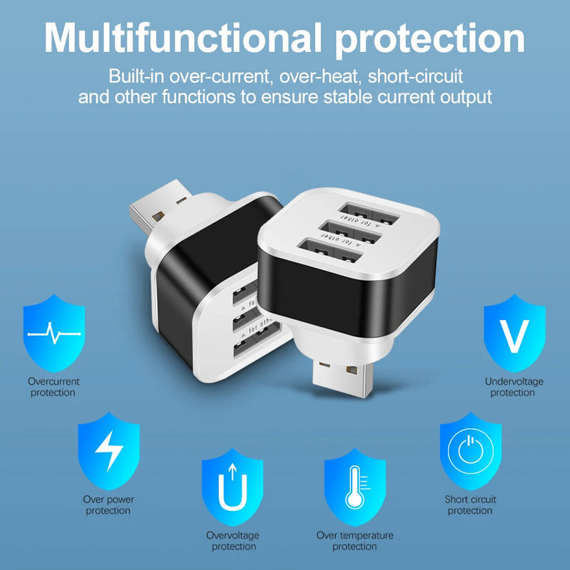 3 Port USB Slots Adaptor USB 3 in 1 Multple USB Interface Extender Auto Electronics Accessories Tablet Laptop Charger Adapter