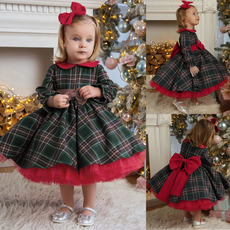 2023 Christmas Toddler Kids Baby Girl Princess Dress Red Plaid Ruffles Lace Tutu Dress Children Girl Puff Sleeve Xmas Dress 1-6Y