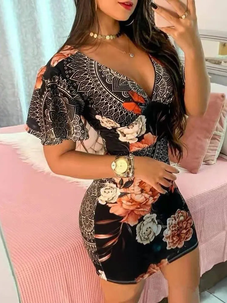 Summer Elegant Floral Print Bodycon Mini Dress Women 2024 Fashion Sexy Deep V-neck Package Hip Dresess Office Lady Party Dress