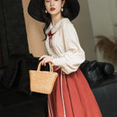 Vintage 2 Piece Dress Set Women Japanese Sweet Peter Pan Collar Preppy Style Shirt+Elegant High Waist Lace-up Pleated Long Skirt