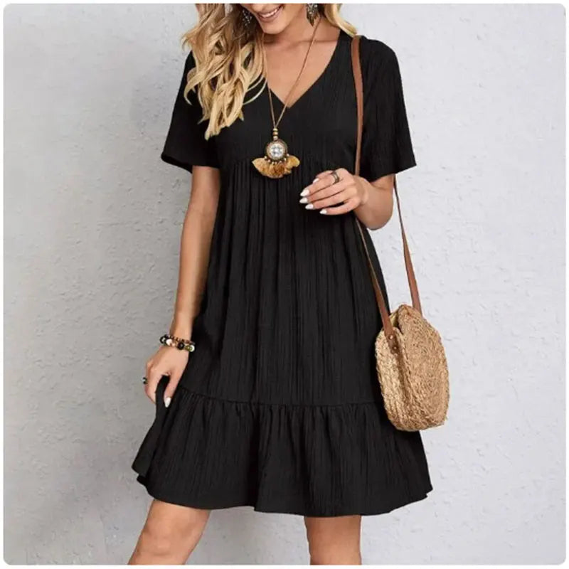 Women Summer Peplum Dresses Spring V-Neck Short Sleeve Loose Waist Ruffle Fit Flare Vocation Dresses