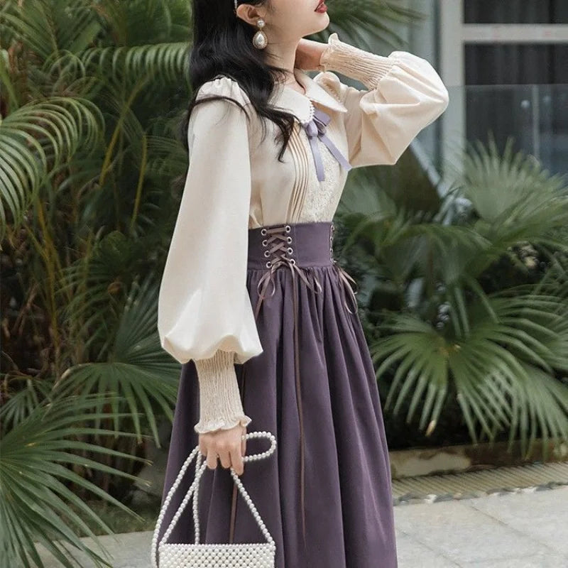 Vintage 2 Piece Dress Set Women Japanese Sweet Peter Pan Collar Preppy Style Shirt+Elegant High Waist Lace-up Pleated Long Skirt