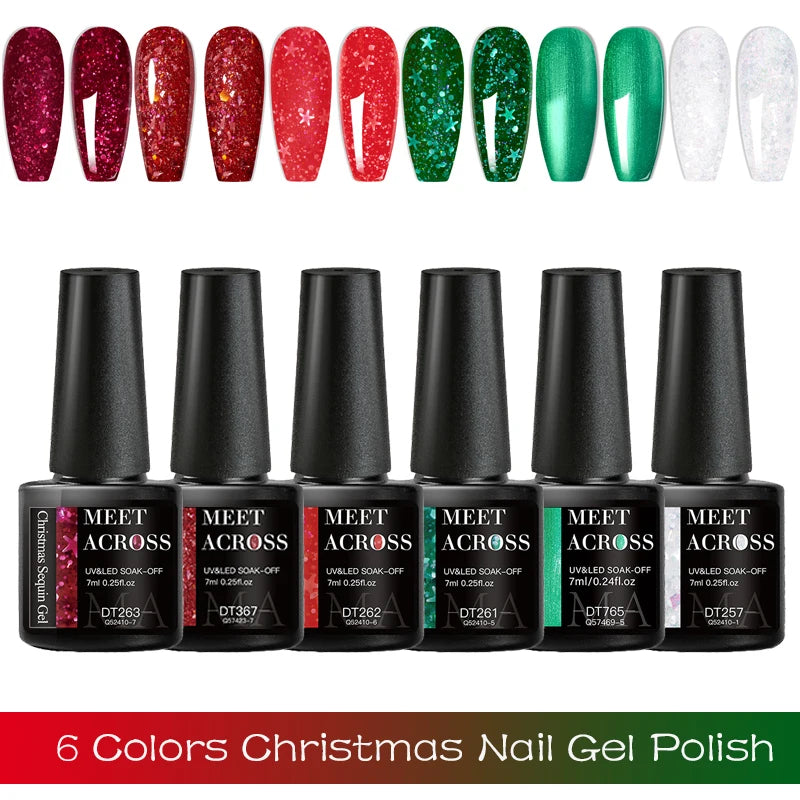 MEET ACROSS 6pcs Christmas Gel Nail Polish Kit Glitter Gold Silver Soak Off UV LED Gel Polish Set for Manicure DIY Nail Art