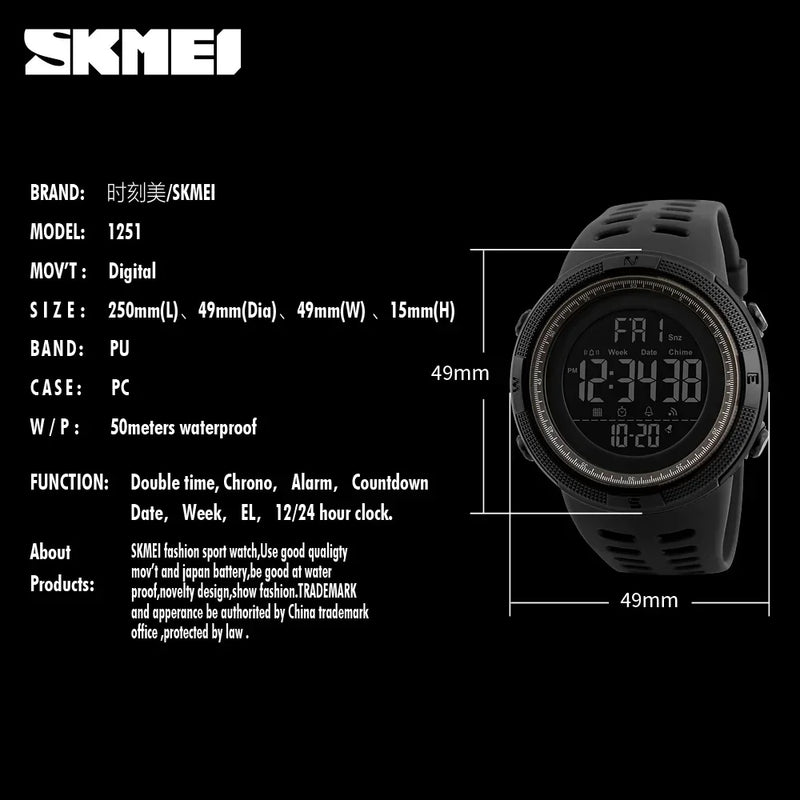 SKMEI 1251 Waterproof Digital Watch for Men Sport Countdown Electronic Wristwatches Mens Military LED Clock 1560 Reloj Hombre