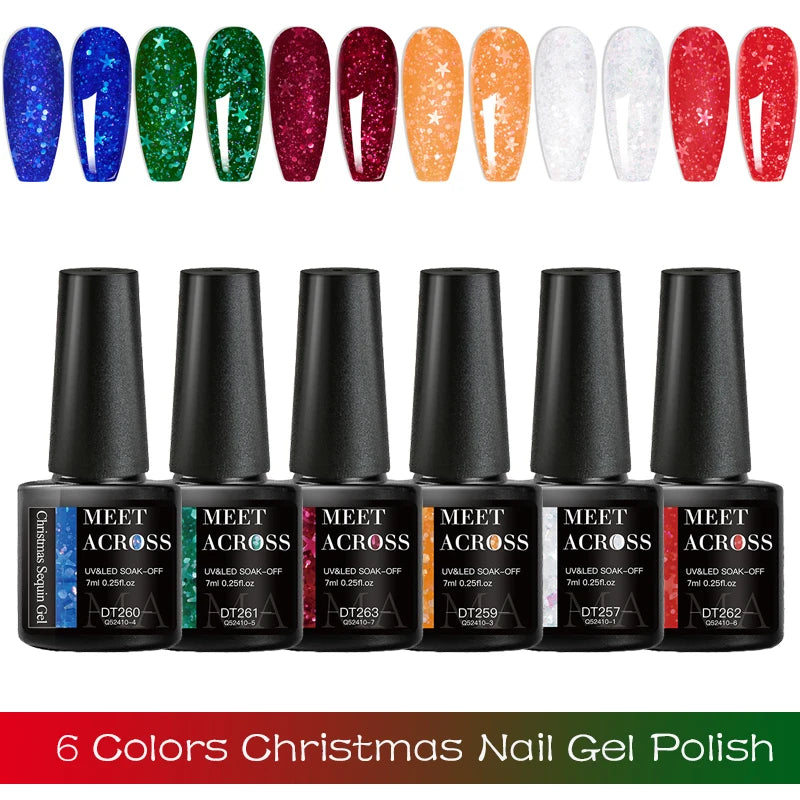 MEET ACROSS 6pcs Christmas Gel Nail Polish Kit Glitter Gold Silver Soak Off UV LED Gel Polish Set for Manicure DIY Nail Art