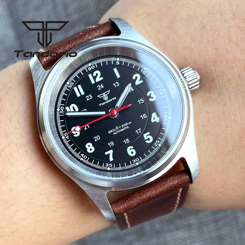 Tandorio 200m 36mm Fashion Automatic Dive Pilot Watch for Men Ladies NH35A Movement Sapphire Glass Screw Crown Leather Strap