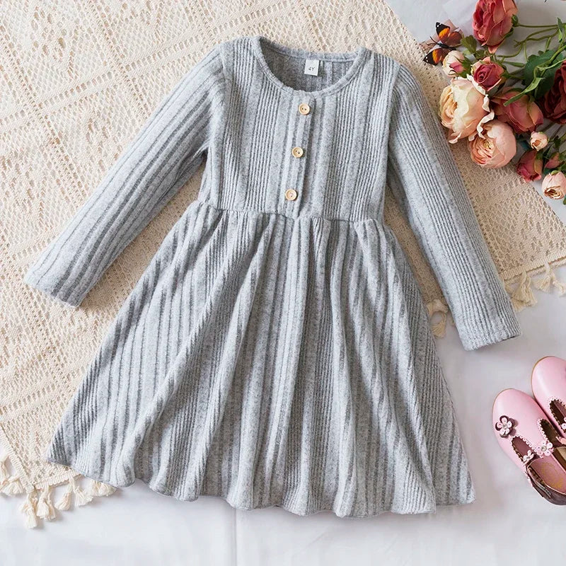 Kids Girls Christmas Dress Ruffled Long Sleeve Solid Color Knitted Sweater Dress Birthday Clothes Winter Kids Causal Wear 3-8Yrs