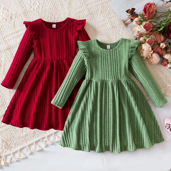 Kids Girls Christmas Dress Ruffled Long Sleeve Solid Color Knitted Sweater Dress Birthday Clothes Winter Kids Causal Wear 3-8Yrs