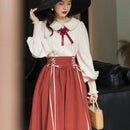 Vintage 2 Piece Dress Set Women Japanese Sweet Peter Pan Collar Preppy Style Shirt+Elegant High Waist Lace-up Pleated Long Skirt