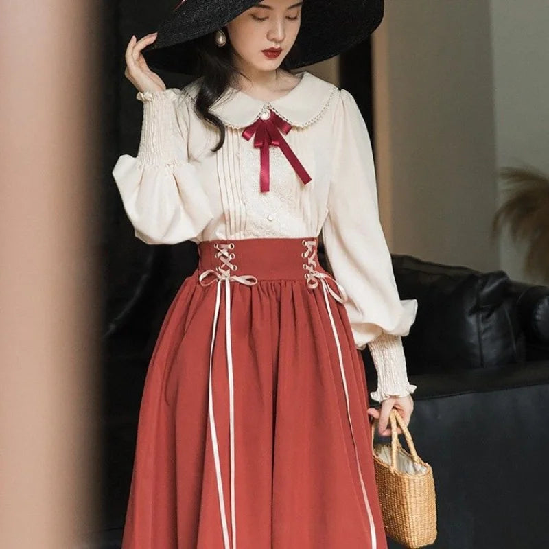 Vintage 2 Piece Dress Set Women Japanese Sweet Peter Pan Collar Preppy Style Shirt+Elegant High Waist Lace-up Pleated Long Skirt