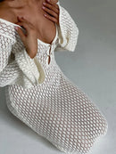 Sexy Women White Long Knit Sleeve Bikin Fashion Cover up Female See-Through Deep V-Neck Hollow-Out Beach Knitwear Backless Dress