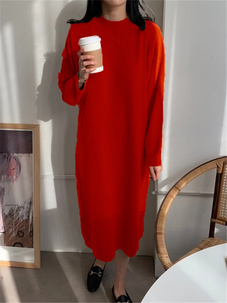 REALEFT Autumn Winter 2023 New O-Neck Casual Loose Knitted Dress Female Straight Long Sleeve Oversize Sweater Womens Long Dress