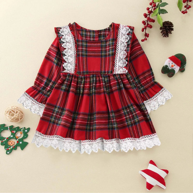 2023 Christmas Toddler Kids Baby Girl Princess Dress Red Plaid Ruffles Lace Tutu Dress Children Girl Puff Sleeve Xmas Dress 1-6Y