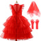 Lydia Deetz Red Horror Ghost Bride Cosplay Dress Girls Tulle Gown+Veil+Gloves For Kids Halloween Christmas Party Dress Up 3-14Y