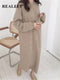 REALEFT Autumn Winter 2023 New O-Neck Casual Loose Knitted Dress Female Straight Long Sleeve Oversize Sweater Womens Long Dress