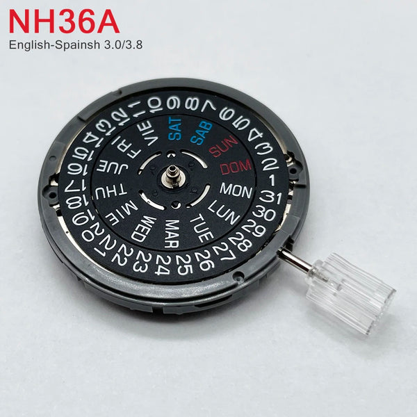 Japan Genuine NH36 Movement English-Spanish Datewheel Crown at 3.0/3.8 O'clock Mod NH36A Day-Date at 3:00 Black/White Disc 4R36A