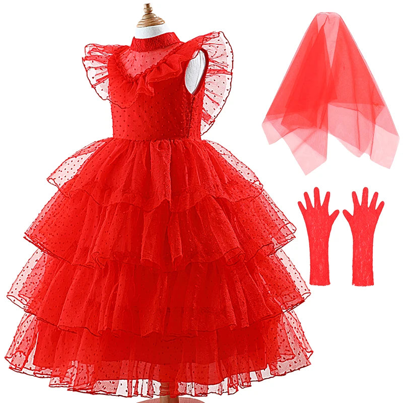 Lydia Deetz Red Horror Ghost Bride Cosplay Dress Girls Tulle Gown+Veil+Gloves For Kids Halloween Christmas Party Dress Up 3-14Y