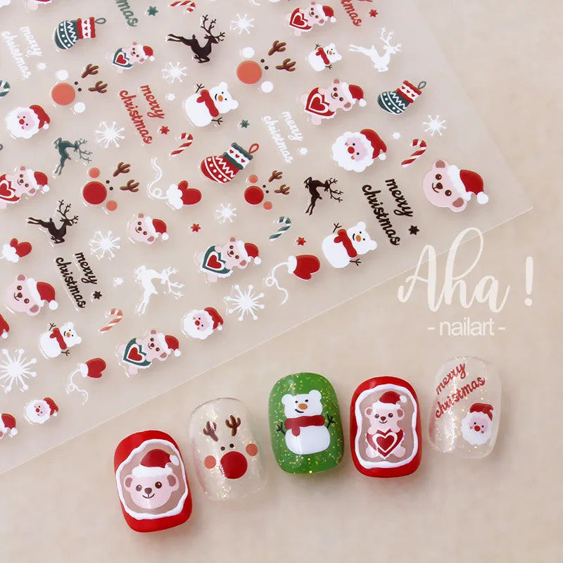 #Aha 3D Christmas Nail Art Stickers Cute Bear Santa Claus Elk Snowflake Nail Decals For Festival Nails Diy Kawaii Xmas Sliders