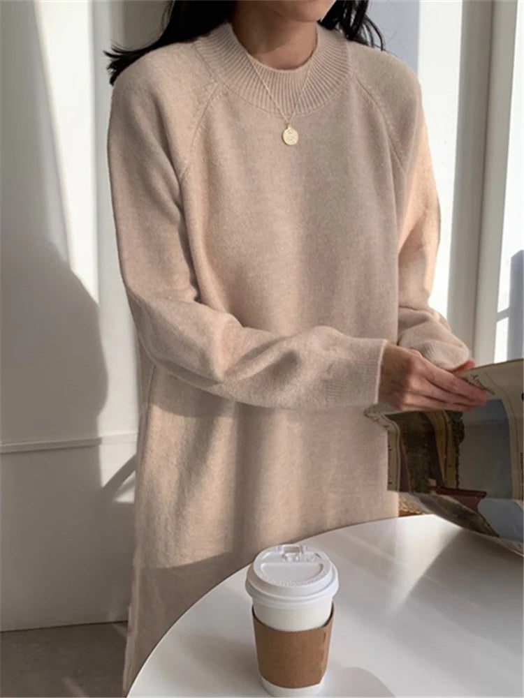 REALEFT Autumn Winter 2023 New O-Neck Casual Loose Knitted Dress Female Straight Long Sleeve Oversize Sweater Womens Long Dress