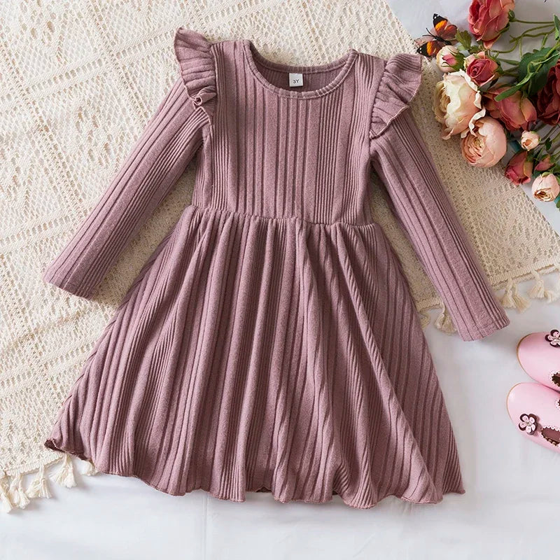 Kids Girls Christmas Dress Ruffled Long Sleeve Solid Color Knitted Sweater Dress Birthday Clothes Winter Kids Causal Wear 3-8Yrs