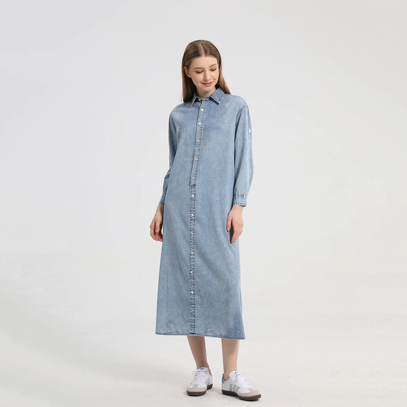 AP 2024 Spring and Summer Denim Shirt Dress Lady Casual Clothing Side Slits Sleeve Length Can Be Adjusted