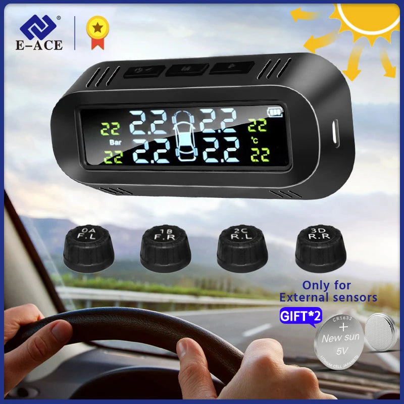 E-ACE Smart Car TPMS Auto Monitoring Security Alarm Anti High Temperate And Cold USB TMPS Tyre Pressure Car Electronic Accessori