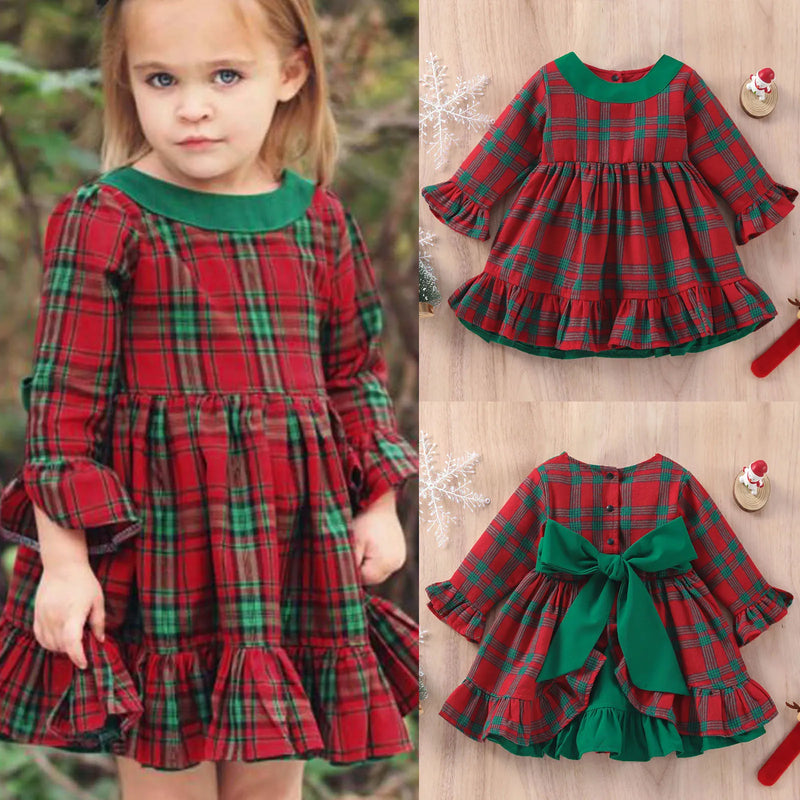 2023 Christmas Toddler Kids Baby Girl Princess Dress Red Plaid Ruffles Lace Tutu Dress Children Girl Puff Sleeve Xmas Dress 1-6Y