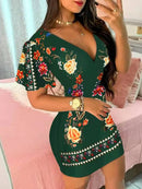 Summer Elegant Floral Print Bodycon Mini Dress Women 2024 Fashion Sexy Deep V-neck Package Hip Dresess Office Lady Party Dress